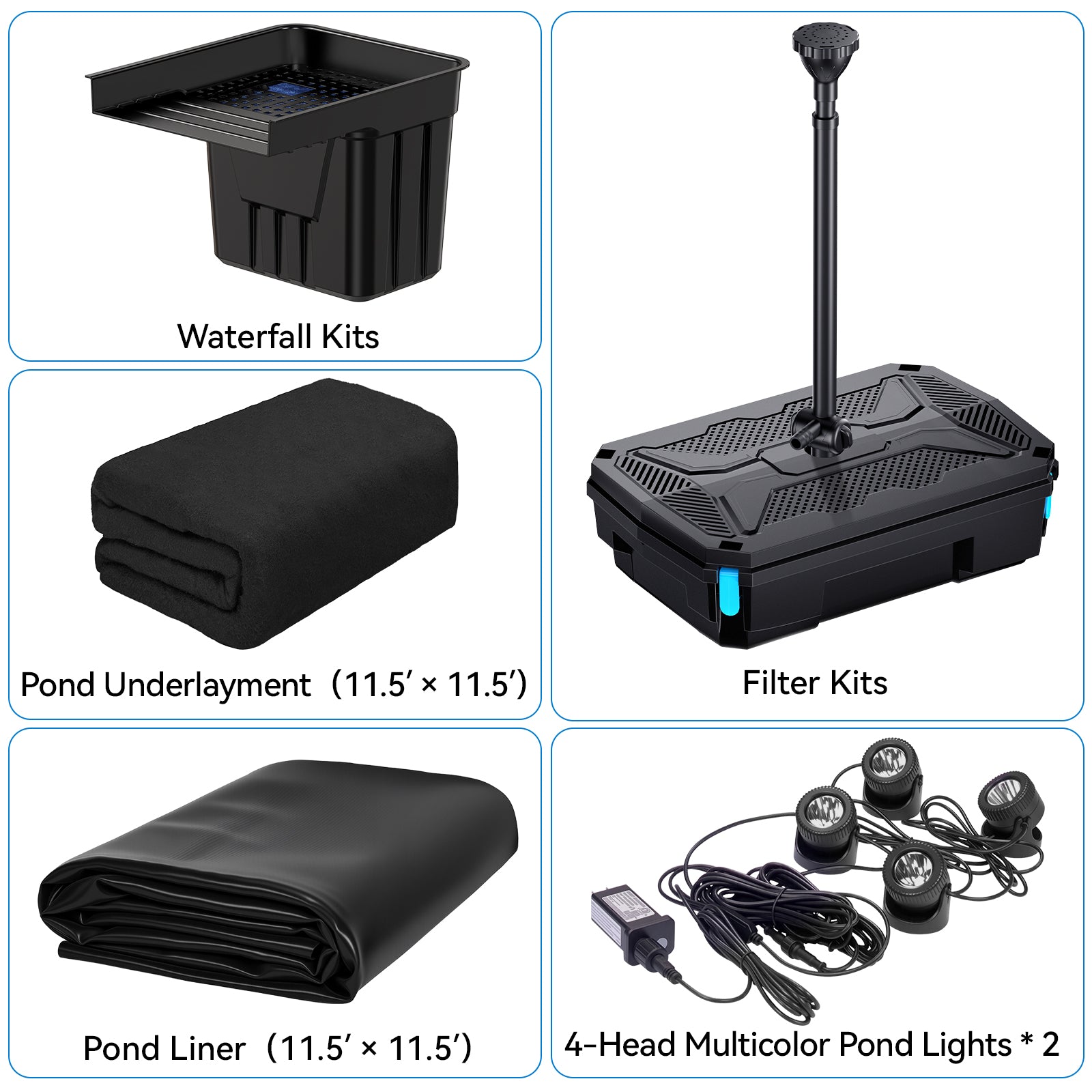 6′ x 6′ Pond Advanced Kit | 5-in-1 Filter, Waterfall, Lights, Pond Liner & Underlayment